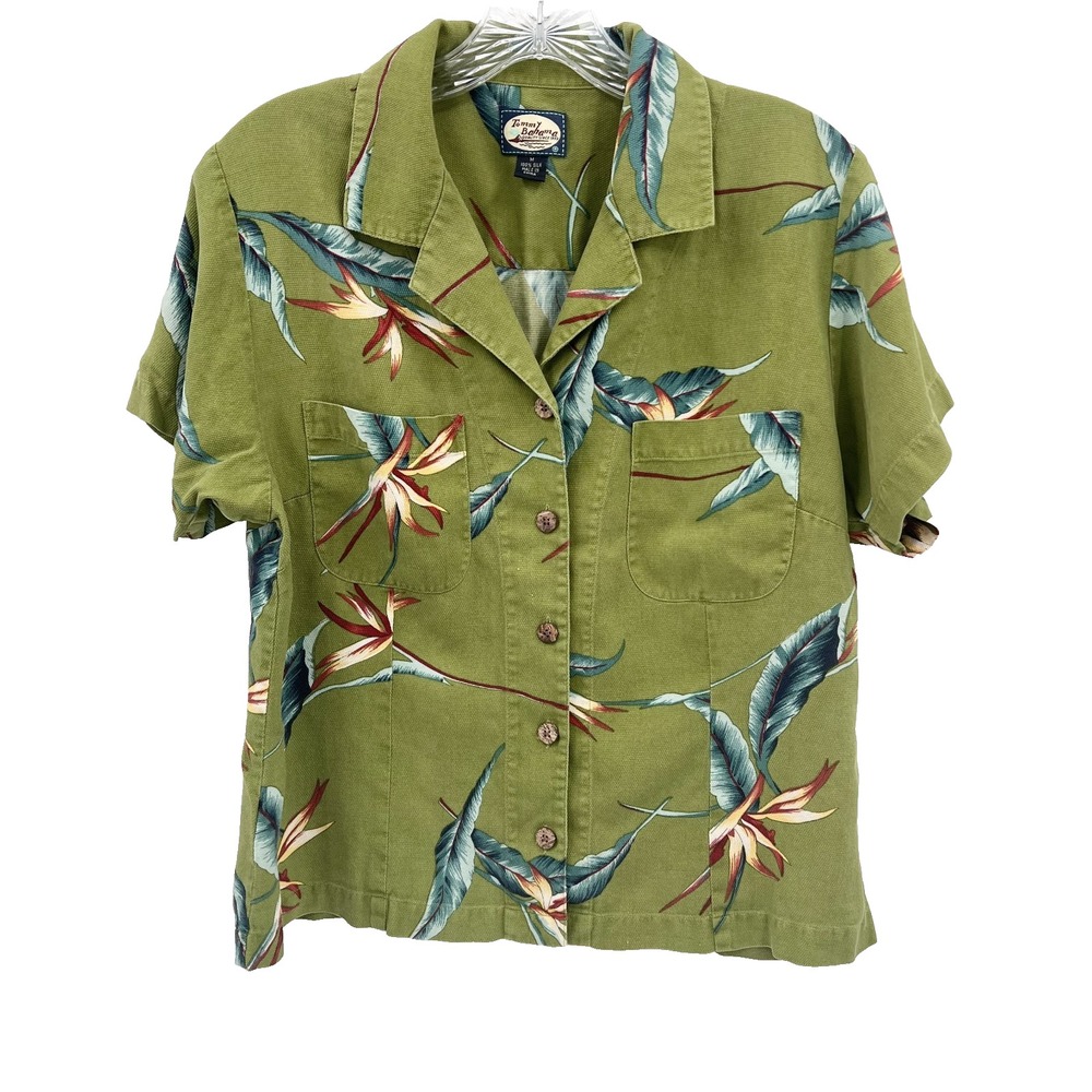 TOMMY BAHAMA Women's M Vintage Green Hawaiian Tropical Silk Short-Sleeve Blouse